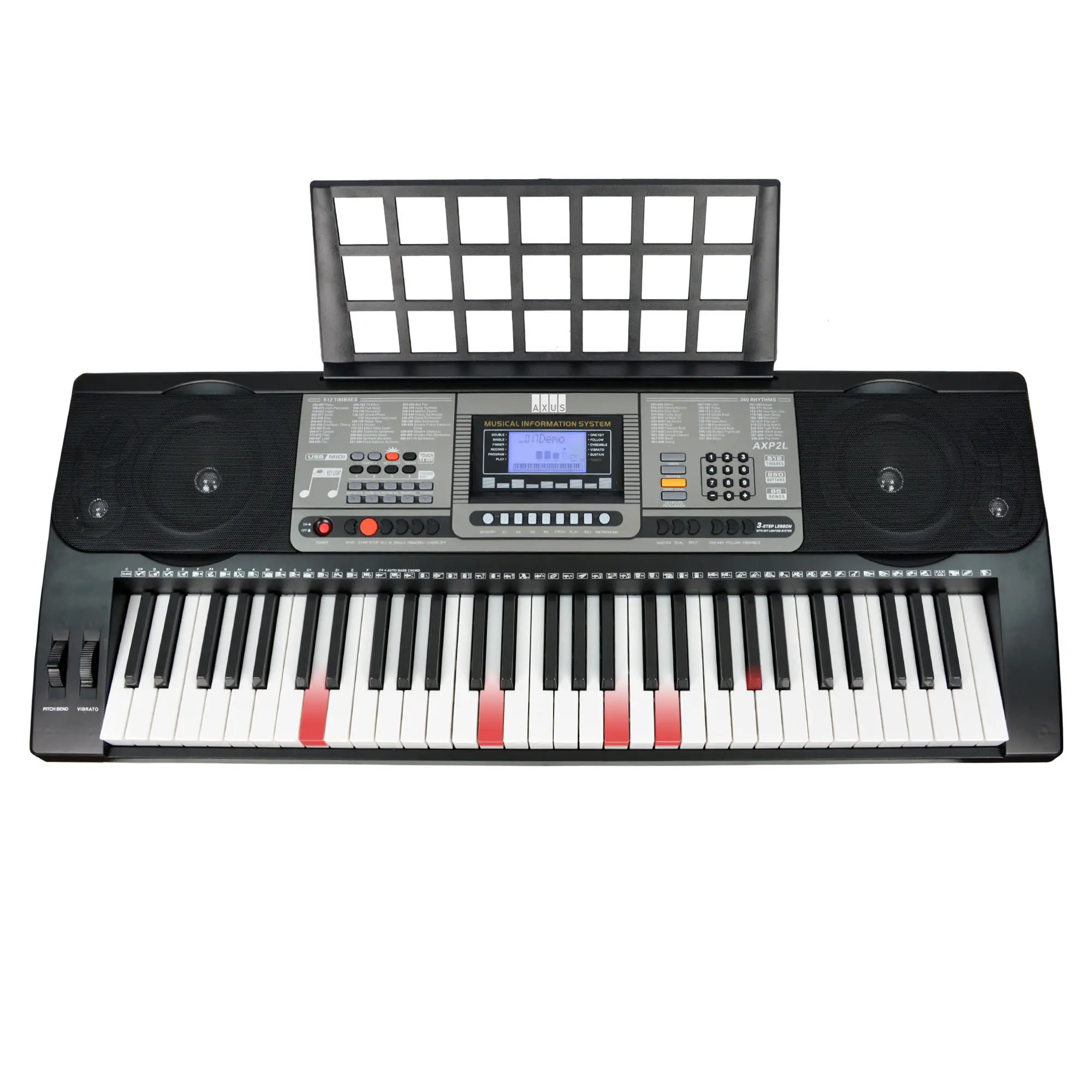 Axus AXP2L Light Up Portable Music Keyboard 61 Keys Touch Sensitive Lesson Function with Music Rest and Power Adaptor