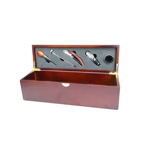 5 Piece Wine Tool Kits Set with Solid Wood Brown Storage Box