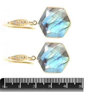 Pendientes de Labradorita de 41 a 42 mm, Hexagonales, con Bisel Plateado, Chapados en Oro de 14K y 18K con Circonita - Product Image 2