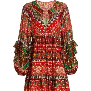 튜닉 스타일 드레스 v 넥 긴 소매 사이드 지퍼 포켓 Viscose/Polyester & 여성용 짧은 보헤미안 드레스