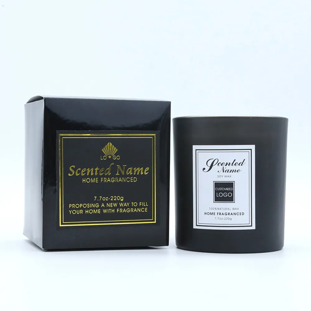 Jarra de vela negra con fragancia, marca privada, diseño de lujo, velas aromáticas perfumadas de cera de soja con logotipo personalizado