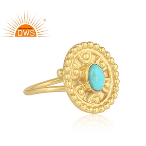 Wholesale Yellow Gold Plated 925 Sterling Silver Bezel Setting <b>Turquoise</b> <b>Ring</b> Wedding Party-Trendy Unisex Ethnic Designer - Product Image 2