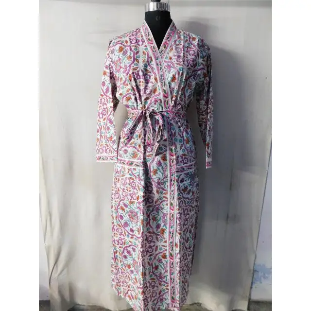 Ethnic multi floral sexy bikini cover dressing robes pure cotton handmade kimono gowns long comfort wear beach wrap dress kimono