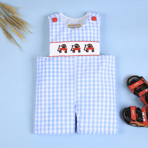 BABEENI Hand Smocked Ball Trolley Unisex 100% Cotton Romper Snap Button Closure Red Gingham Fabric CPSIA/OEKO-<b>TEX</b> Certified ODM - Product Image 2
