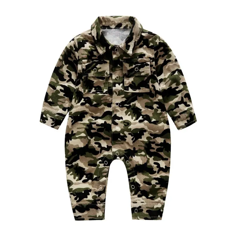 Wholesale Military Camo Outfits Baby Boy Girls Romper Button Long Sleeve Jumpsuit For Girls