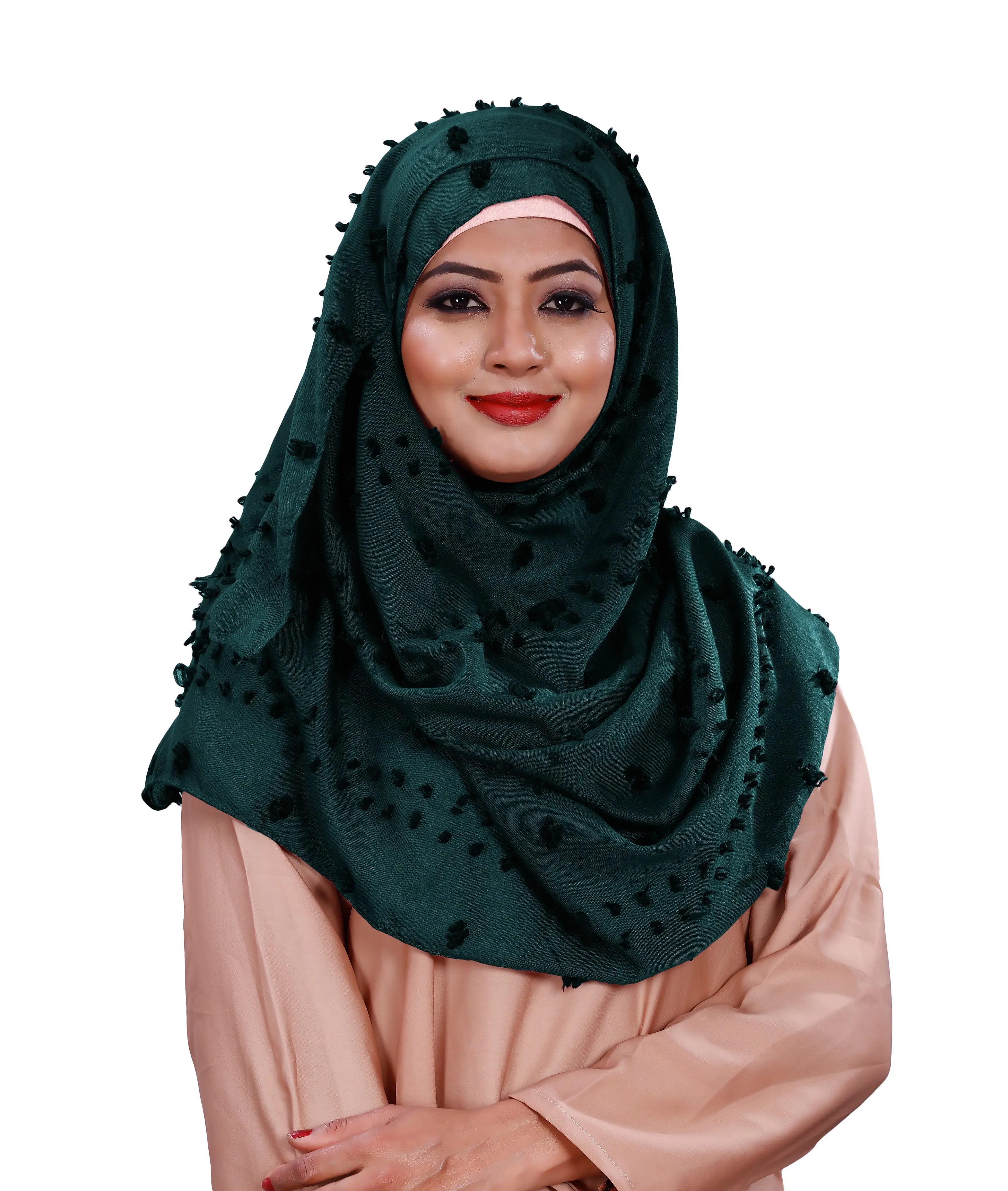 Pom Pom Viscose Cotton Cyan Color Arabian Hijab Scarf For Women