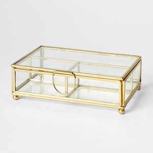 Glass Jewelry Box Rectangular Brass Frame With Lid Modern Luxury <b>Storage</b> Display Case - Product Image 1