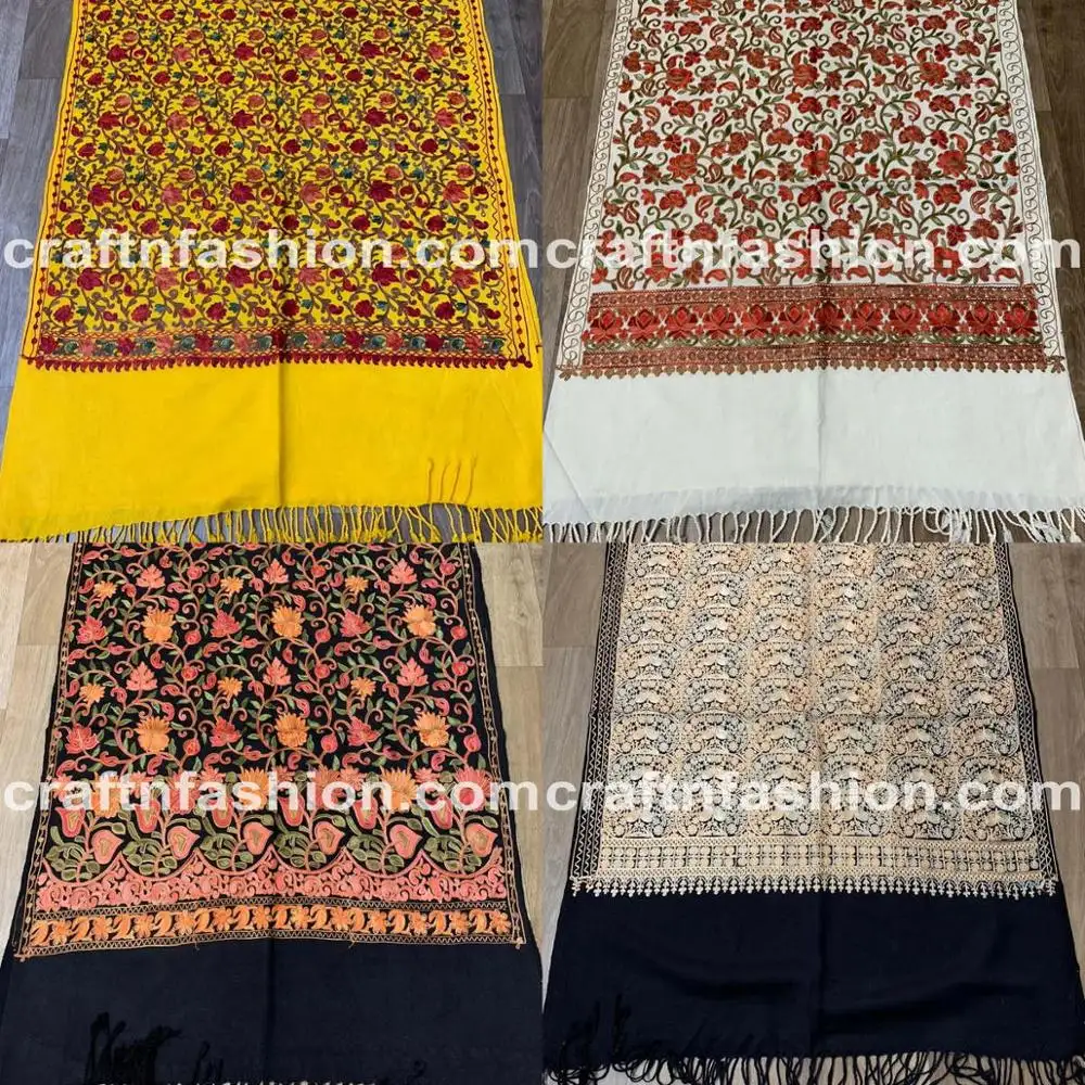 Kashmiriハンドワークストール-フローラルデザイン手織りデュパッタ-マルチカラーストール/刺Embroideredストール/ファッションスカーフ/ウールスカーフ