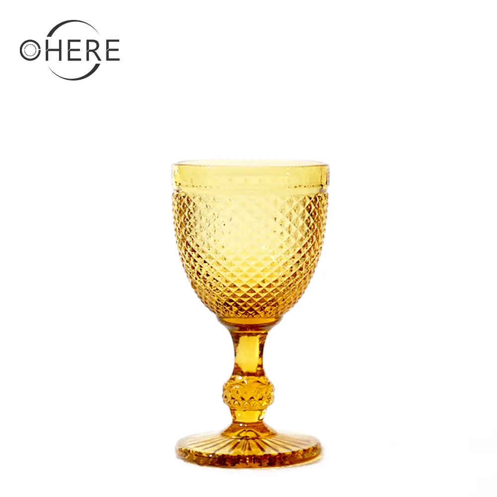 Wholesale handmade wine glasses restaurant party used Vintage relief colourful Dessert glass bowl Yellow Glass goblet