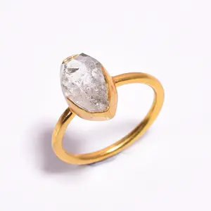 New Design Personality Fashion 925 Silver Gold Plated Ring Herkimer Diamond Minimalist Smooth Ring Hand Decoration Ornament Ring