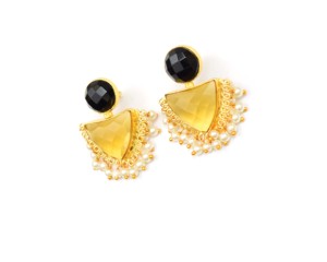 Black Onyx and <b>Citrine</b> Quartz Gemstone Stud <b>Earrings</b> Gold Plated Trillion Shape Faceted Handmade with Pearl Beads - Product Image 5