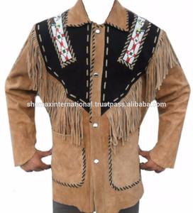 Shemax Western Leather <b>Jacket</b> Brown with Black Patch Fringed & Beads - Product Image 4