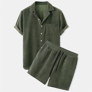 T-shirt en velours côtelé pour hommes, vêtements assortis, deux pièces, style décontracté, à cordon, mode été 100%, pour la plage - Product Image 3