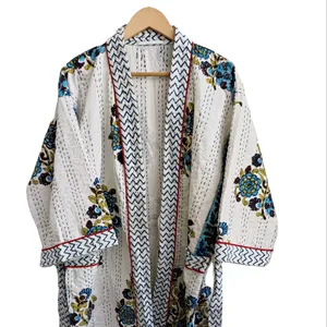 Kualitas Premium 100 persen katun Kantha warna putih Kimono jubah coverup jubah mandi bungkus gaun untuk wanita dari India