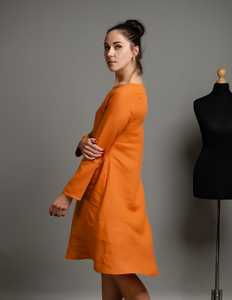 Nouvelle Arrivée Tendance : Robe en Lin Orange pour Femme, Coupe Sexy, Col Rond, Manches Longues, Longueur Genou, en Tissu Crêpe, Dernier Cri - Product Image 2