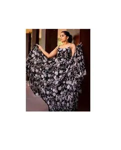 Hot Black floral printed Georgette Long Maxi Dress Party Wear Special For Women