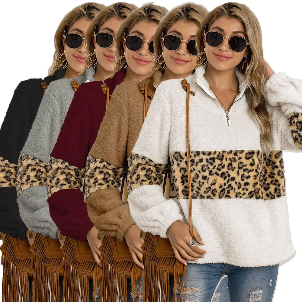 Mode Luipaard Print Splitsen Lange Mouwen Vrouwen Patchwork Leopard Hoodies Sweatshirts Pluche Jas