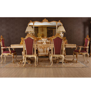 Ensemble de meubles de salle à manger en bois, vintage, classique, décor antique, table à manger avec chaises, en feuille d'or, 8 places - Product Image 1