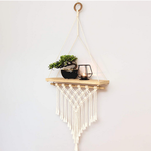Tissé Macrame Plante suspendue Corde Pot Suspendus Titulaire avec Double Étagère En Bois Tenture Murale Décor - Product Image 1