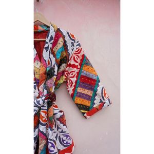 Couette faite à la main Kimono Style femmes manteau indien Vintage coton Kantha veste longue Floral Floral Robe de bain vêtements de plage hiver Wrap - Product Image 5