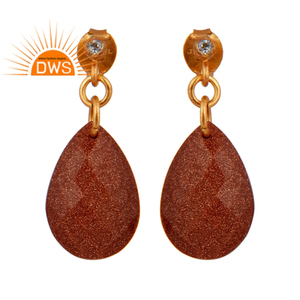 Boucles d'oreilles en pierre de soleil en forme de poire, plaquées or, argent sterling, boucles d'oreilles pendantes, bijoux en gros, collection classique - Product Image 1