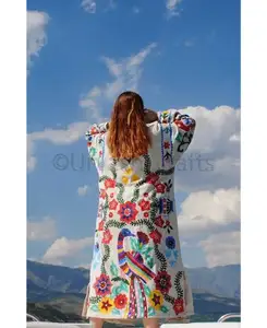 Wholesale Women Boutique Clothing Colorful Peacocks Embroidered Uzbek Light Long Coat Robe Customized All Over Art Jacket