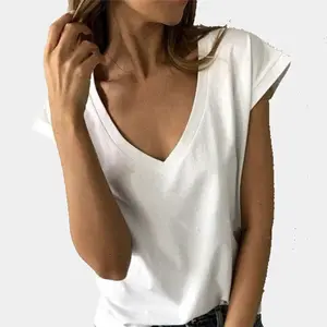 Toplu toptan yaz beyaz T Shirt kadın kısa kollu V boyun gevşek gömlek Casual seksi siyah T Shirt baskı tasarım