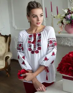 top trending white women floral embroidered cotton blouse with tassels bright embroidery pattern Ukrainian fashion top