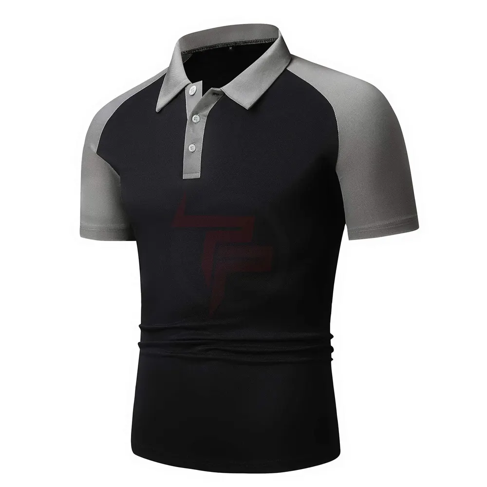 Men Colorblock Raglan Sleeve Polo Shirt / Black And Grey Short Sleeve Polo T-shirts For Men / 100% Polyester Polo T Shirts