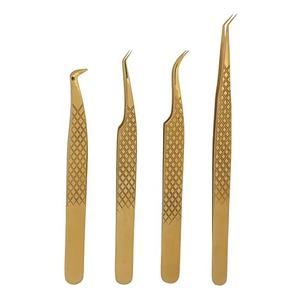 Juego de 4 pinzas profesionales japonesas para extensiones de pestañas de acero inoxidable, agarre de diamante, herramientas de belleza puntiagudas doradas, pestañas privadas - Product Image 1