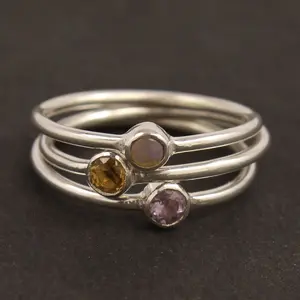 Opal, Citrine & Amethyst Stacking Rings 3 mm Round Faceted Gemstone Thin Midi Everyday Ring Best Gift Idea
