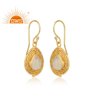 Natural Pear Cut Rainbow Moonstone <b>Earrings</b> Jewelry Wholesale Gold Plated 925 <b>Silver</b> <b>Dangle</b> Design Jewelry Supplier - Product Image 2