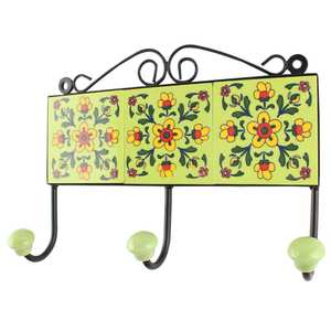 Green Ceramic Tiny Flower Organizer Coat Wall Hooks Clothes Wall Holder Bag <b>Hangers</b> Durable Indian Craft - Product Image 1