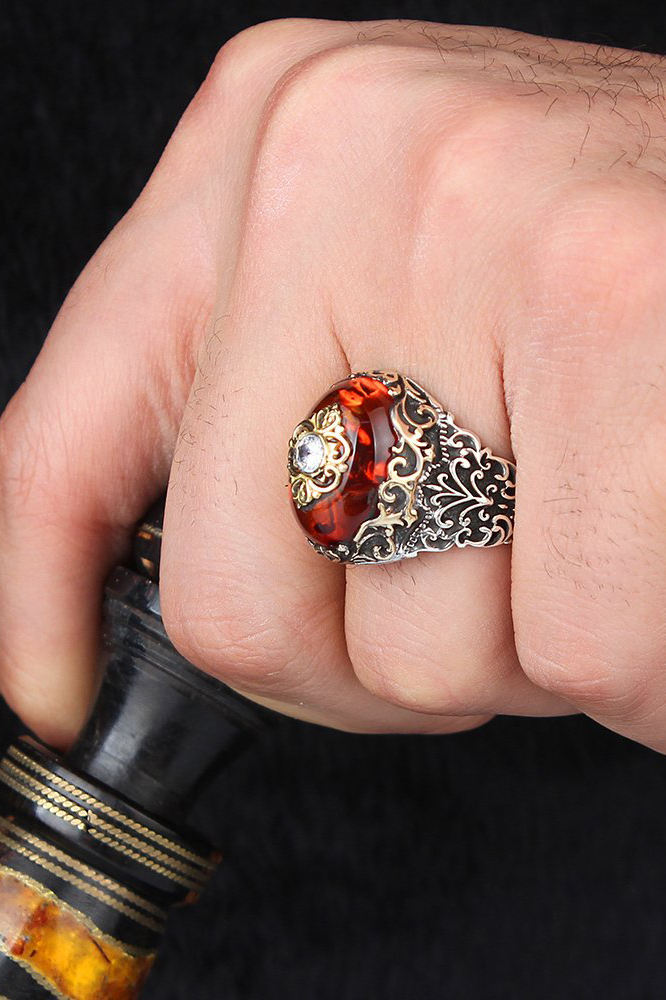 Ambre rouge et pierre de zircon Mens Classic 925 Sterling Silver - Main Image