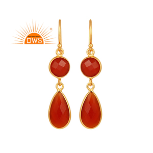 Natural <b>Red</b> Onyx Gemstone <b>Earrings</b> 18 Karat Gold Plated Designer 925 Silver Dangle <b>Earrings</b> Jewelry Manufacturer - Product Image 1