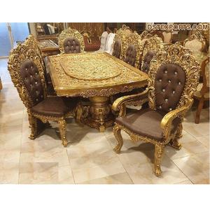 Antique Gold <b>8</b> Seater <b>Dining</b> Table Set Luxury Hand Carving <b>Dining</b> Table & <b>Chairs</b> Antique Teak Wood Royal <b>Dining</b> Set - Product Image 1