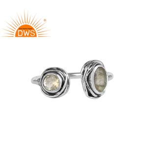 Bague ajustable en argent 925 Sterling, pierre précieuse, Labradorite naturelle et Quartz, bijou ajustable, fabrication - Product Image 1