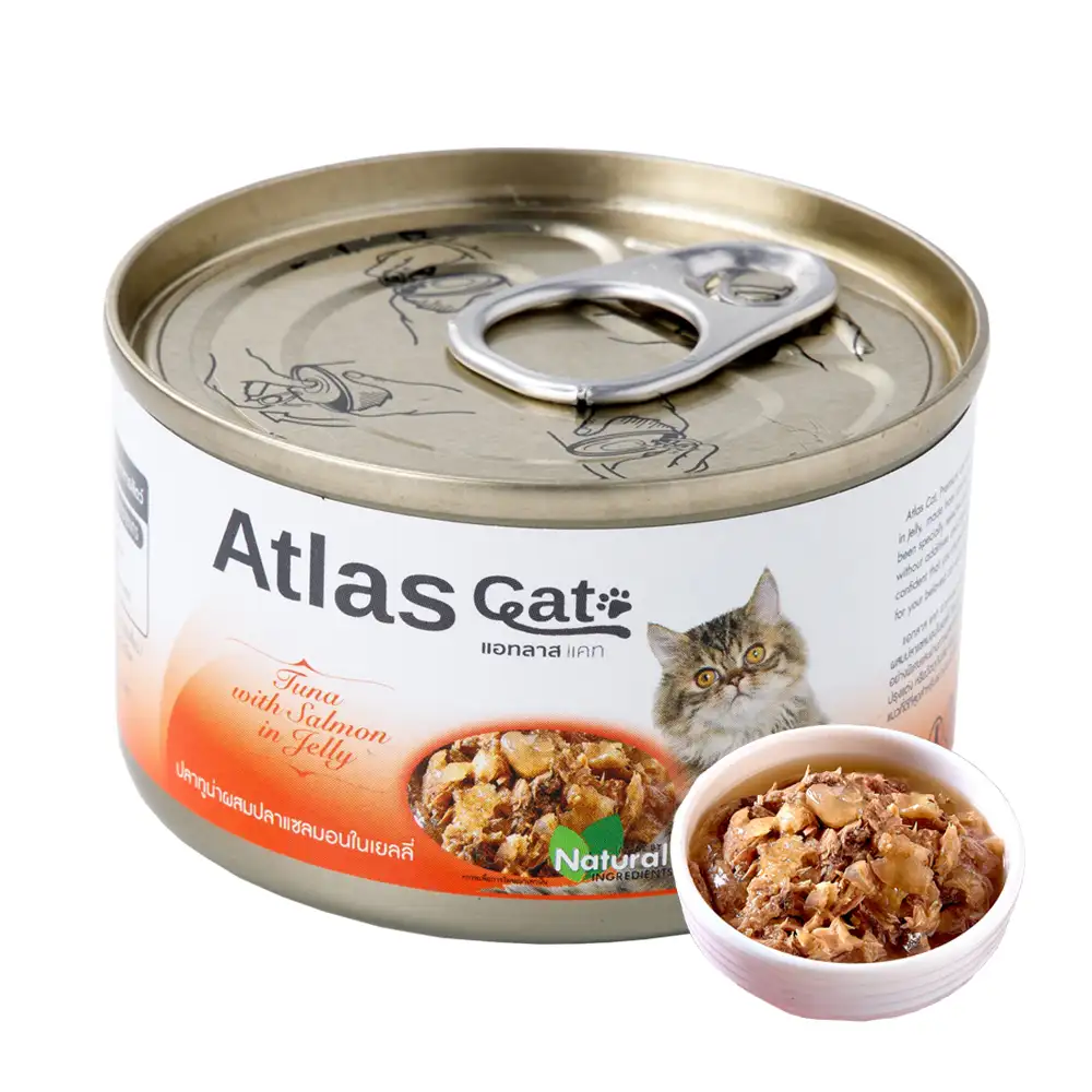 Atlas gato pode atum com salmon em gelatina, preço quente, com top venda de comida molhada para gatos, produtos para animais de estimação premium