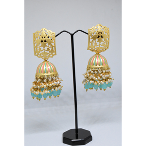 Meenakari-partywear hecho a mano, tradicional, dorado, mate, acabado, latón, largo, jhumka, pendientes de Aro para niñas y mujeres - Product Image 2