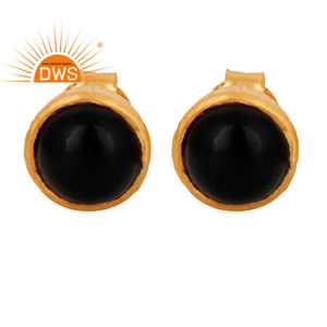 Pendientes de tuerca con bisel de ónix negro redondo, chapados en oro de 18k, plata de ley, joyería para regalo de fiesta - Product Image 1