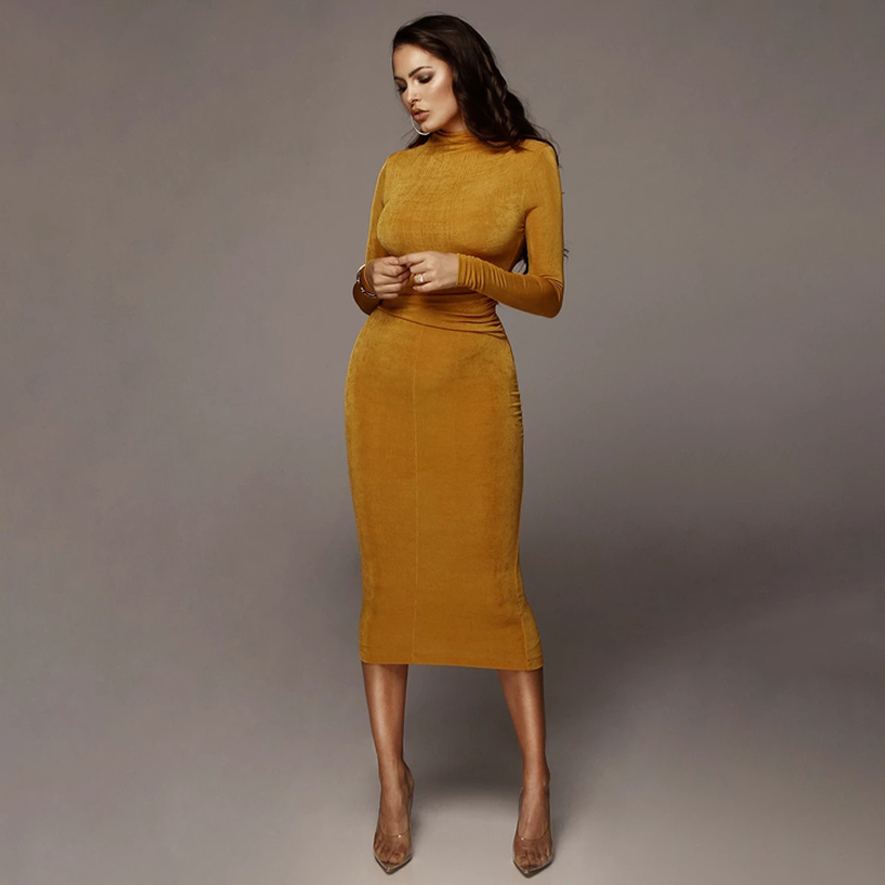 Custom Women's European American Style Long-sleeve Round Neck Solid Color Long Dress Elegant Evening Dress