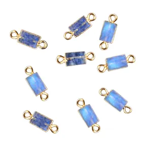Natural blue fire rainbow moonstone connector gold electroplating finding supplies double bail handmade pendant charms connector