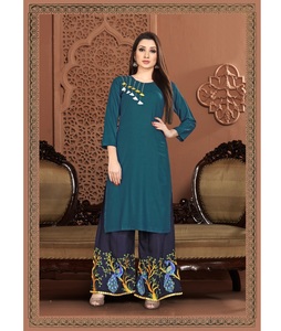 Dernier créateur de vêtements Kurti Palazzo à manches longues simple Vêtements indiens pour femmes et filles Vêtements de fête en soie brodée Travail de la pierre long - Product Image 2