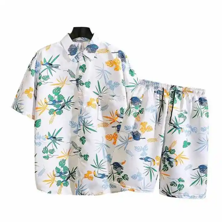 Hawaii tarzı tasarım özel kendi baskılı çiçek plaj kıyafeti gömlek turn-aşağı yaka erkekler moda ışık havai gömleği takım elbise