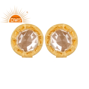 Hammered Gold Plated <b>Silver</b> Round <b>Stud</b> <b>Earrings</b> with Crystal Quartz Gemstone-Trendy Women's Wedding Gift Party Jewelry - Product Image 1