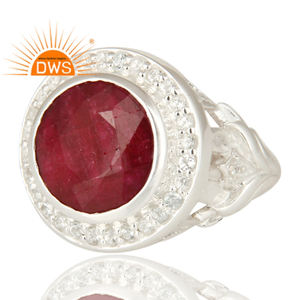 Anillo de cóctel de declaración de Plata de Ley 925 con piedras preciosas de topacio blanco de corindón rojo para mujer, regalo para su colección clásica - Product Image 3