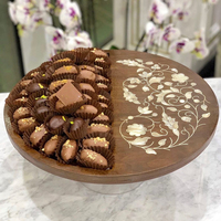 Nampan Kayu Lavihexco Bulat Dekoratif Cokelat dengan Inlay Mutiara, Kayu Acaia & Ash untuk Menyajikan Makanan saat Ramadan dan Idul Fitri