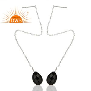 Boucles d'oreilles en pierre précieuse d'onyx noir naturel, plaqué rhodium blanc, argent 925, longues boucles d'oreilles pendantes, fabricant de bijoux - Product Image 2