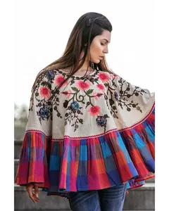 2019 Glamorous Fashion Embroidery Floral Beige Circular Poncho and Cape Floral Embroidered Ruffle Bottom Short Caftan Style Top