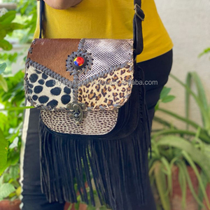 高品质动物印花真皮麂皮流苏串珠女流苏肩包奢华设计师牛仔斜挎包 - Product Image 5